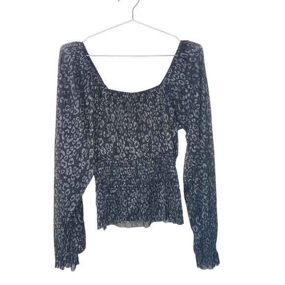 New Easel Black Metallic Animal Print Smocked Waist Blouse Sz Large Long Sleeve - Picture 3 of 8